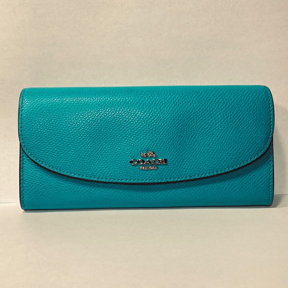 Coach Handbags - COACH Teal Crossgrain Leather Slim Envelope Wallet